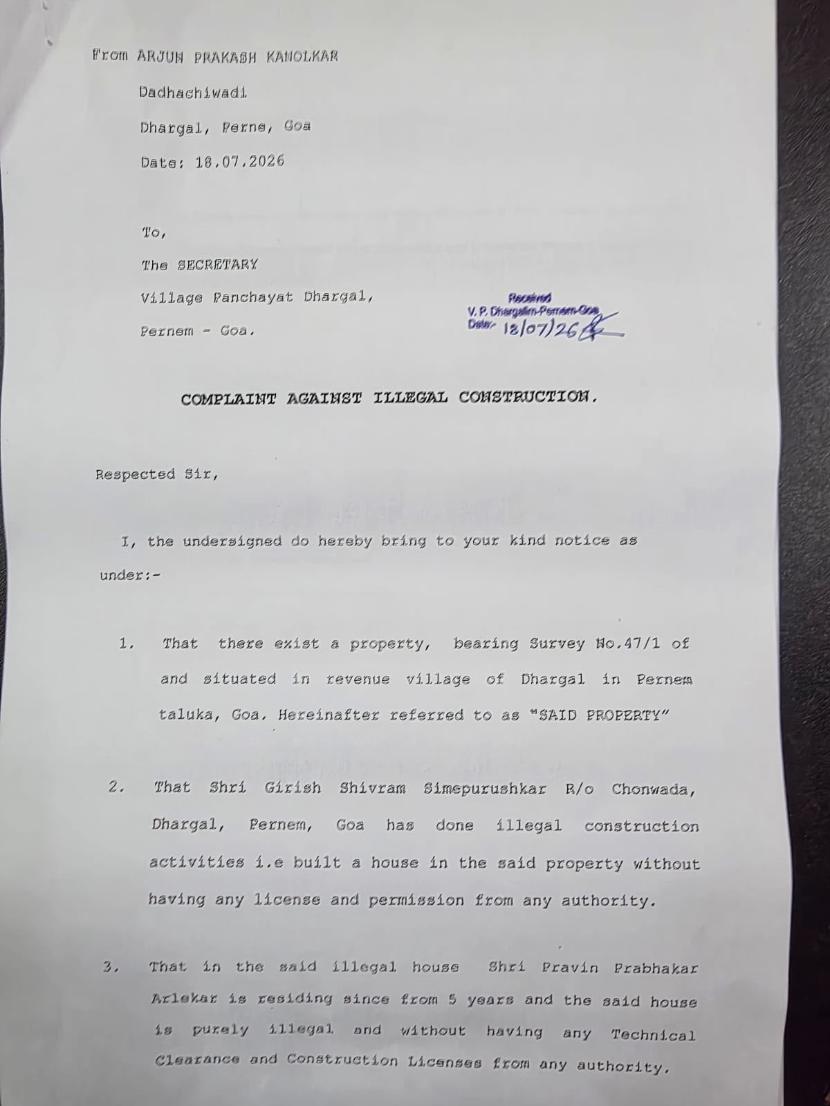 Complaint Filed with Dhargal Panchayat Alleging Illegal Construction at House Where MLA Pravin Arlekar Resides