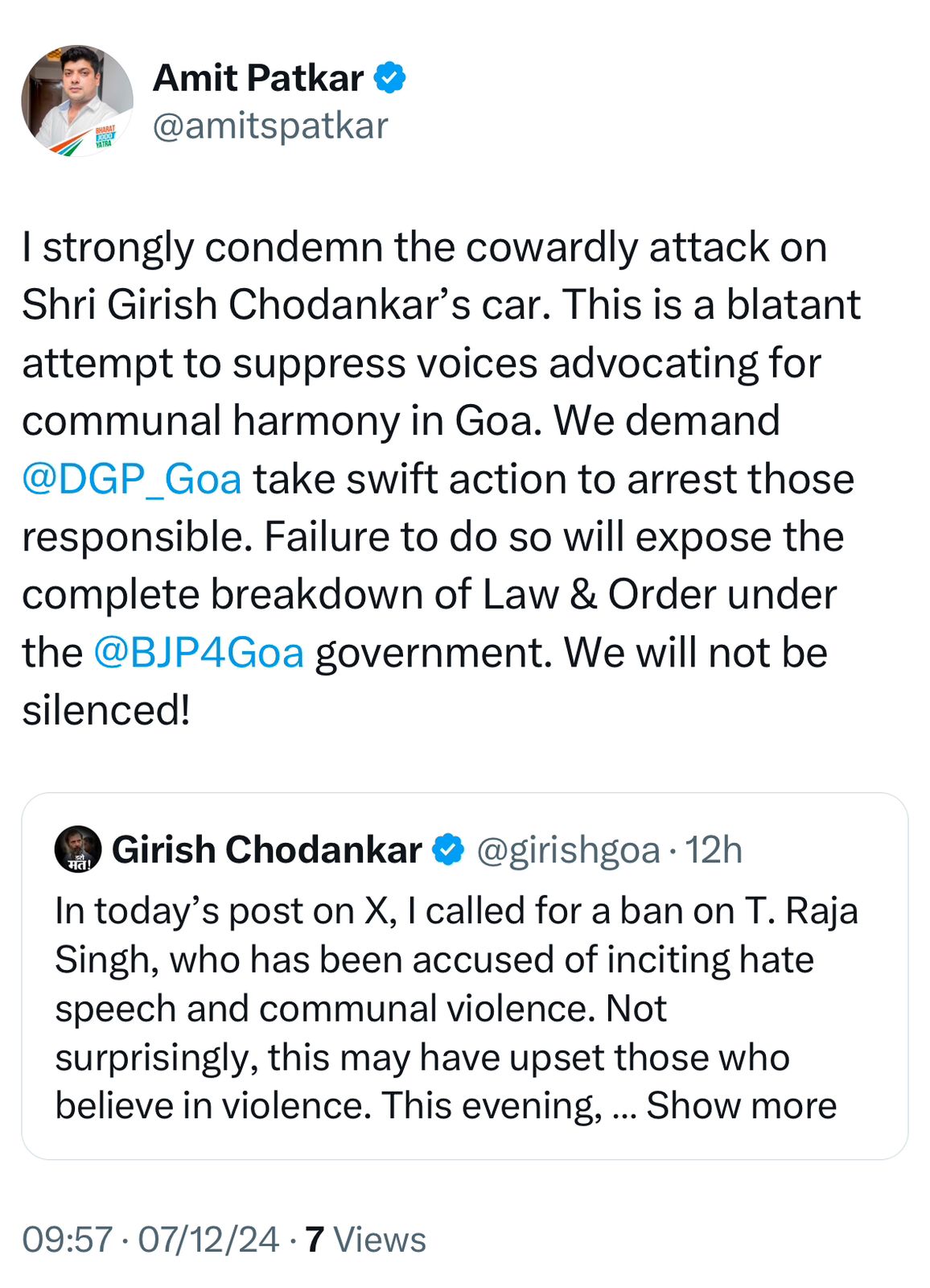 GPCC President Amit Patkar condemn the attack on Girish Chodankar's car.