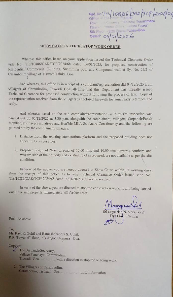 TCP Issues Show Cause Notice, Orders Stop Work for Carambolim Project..