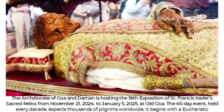 The Archdiocese of Goa and Daman is hosting the 18th Exposition of St. Francis Xavier’s Sacred Relics from November 21, 2024, to January 5, 2025, at Old Goa.